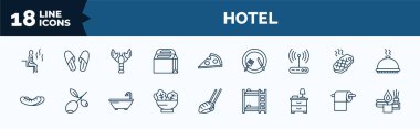 set of hotel web icons in outline style. thin line icons such as sauna, take away, free wifi, sausage, salad, nightstand, toilet paper, spa vector.