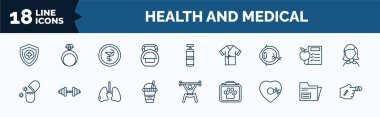 set of health and medical web icons in outline style. thin line icons such as medical shield, kettlebell, ophthalmology, antibiotics, juice, beat, records, injury vector.