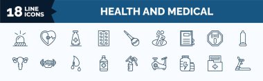 set of health and medical web icons in outline style. thin line icons such as emergency, medical strip, medical book, gynecology, syrup, proteins, result, treadmill vector.