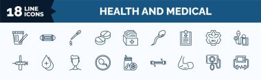 set of health and medical web icons in outline style. thin line icons such as urine, pills, medical checklist, injection, spermatozoon, biceps, blood pressure gauge, defibrillator vector.