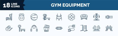 set of gym equipment web icons in outline style. thin line icons such as elliptical, bench press, jumping equipment, mat, training gloves, gym bars, buck, vaulting horse vector.