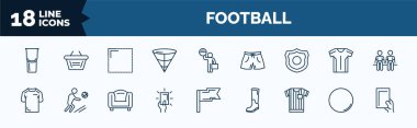 set of football web icons in outline style. thin line icons such as tumbler, cone, badge, tshirt, yellow card, referee jersey, red, red card vector.