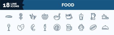 set of food web icons in outline style. thin line icons such as french bread, raspberry leaf, water glass, cup of wine, sparkling wine, sippy cup, hotdog, serving dish vector.