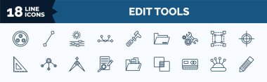 set of edit tools web icons in outline style. thin line icons such as quark, curvature, repair tools, school triangle, defining, blue card, needle case, pen edit vector.