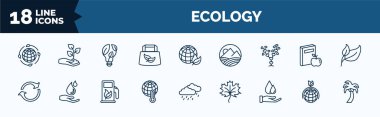 set of ecology web icons in outline style. thin line icons such as awareness, eco bag, tree with hearts, reload arrows, warming, save water, sustainability, coconut tree vector.