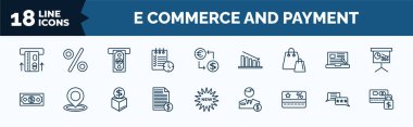 set of e commerce and payment web icons in outline style. thin line icons such as insert card, waiting list, merchandise, dollar bill, bills, loyalty card, customer review, payment security vector.