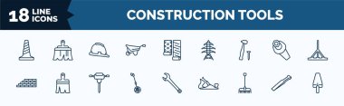 set of construction tools web icons in outline style. thin line icons such as road construction, wheel barrow, hammer and nail, brick wall, measuring wheel, gardening rake, wedge tool, gardening