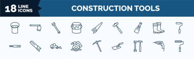 set of construction tools web icons in outline style. thin line icons such as bucket, open paint bucket, scratcher tool, drawing, circular saw, garage screwdriver, hand drill, painter roller vector.