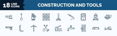 set of construction and tools web icons in outline style. thin line icons such as sanding hine, drain, glass wall, caulk gun, shovel and fork, copper, metal saw, planer vector.