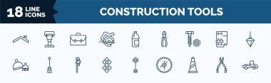 set of construction tools web icons in outline style. thin line icons such as roof, carpenter cutter, nuts and bolts, dustpan and brush, tiles, traffic cone, plier, road roller vector.