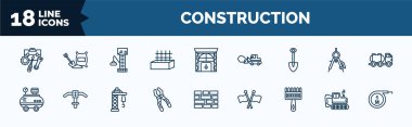 set of construction web icons in outline style. thin line icons such as tool bag, concrete, inclined shovel, air compressor, inclined clippers, sand brush, backhoes, five meters ruler vector.