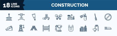 set of construction web icons in outline style. thin line icons such as derrick with pallet, adjustment system, wood saw, inclined, road barrier,  , adjusment system, hacksaw vector.
