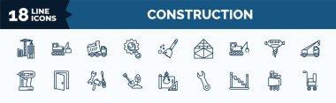 set of construction web icons in outline style. thin line icons such as constructions, wrench and gear, derrick with tong, nail gun, big shovel, stairs with handle, hex key, trolley with cargo