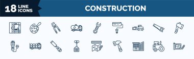 set of construction web icons in outline style. thin line icons such as big clo, fuel truck, trolley truck, clippers, derrick with load, big building, steamroller, house plan vector.