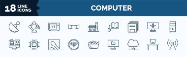 set of computer web icons in outline style. thin line icons such as wireless connectivity, 3d screen, save file, action camera, wi fi, cloud network, work station, telecommunications vector.