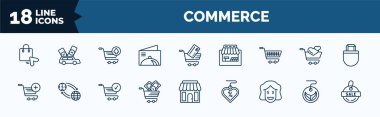 set of commerce web icons in outline style. thin line icons such as black pointer, restaurant card, supermarket cart, add to cart, commerce and shopping, rich smile, eco label, sale label vector.