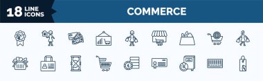set of commerce web icons in outline style. thin line icons such as house badge, graph frame, grocery, basket full, supermarket basket, book with dvd, barscode with zeros, eco tag vector.