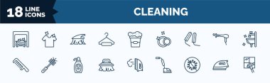 set of cleaning web icons in outline style. thin line icons such as clean cars, hanger cleanin, tampon cleanin, comb cleanin, brush virus iron clean window vector.