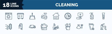 set of cleaning web icons in outline style. thin line icons such as washing cleanin, sponge cleanin, hands cleanin, clean car, house dress wiping trash can, faucet vector.