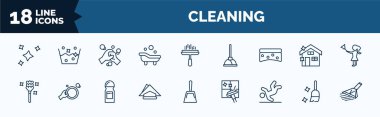 set of cleaning web icons in outline style. thin line icons such as clean, bathtub cleaning, scouring pads, feather duster, serviette, wet floor, sweeping, carpet cleaning vector.