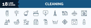 set of cleaning web icons in outline style. thin line icons such as shampoo, washing plate, cleaning products, cleaning tools, baking soda, oxidizing agent, laundry, dishwashing detergent vector.