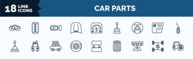 set of car parts web icons in outline style. thin line icons such as car dashboard, car hood, hazard lights, handbrake, hubcap, manifold, suspension, spare wheel vector.