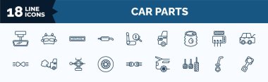 set of car parts web icons in outline style. thin line icons such as car rear-view mirror, car silencer, petrol tank, parking light, tyre, accelerator, dipstick, piston vector.
