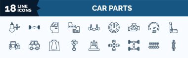 set of car parts web icons in outline style. thin line icons such as car sump, car mud flap, carburettor, lock, cylinder, chassis, crankshaft, coil vector.