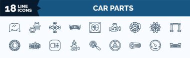 set of car parts web icons in outline style. thin line icons such as car windscreen, car cowl, disc brake, bearing, choke, reversing light, fuel gauge, bumper vector.