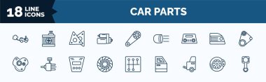 set of car parts web icons in outline style. thin line icons such as car tailpipe, car starter, parcel shelf, oil pump, clutch, towbar, brake, connecting rod vector.