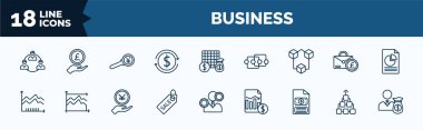 set of business web icons in outline style. thin line icons such as work parteners, return of investment, connection box chart, spike chart, sale tag, bailment, item connections, man carrying money