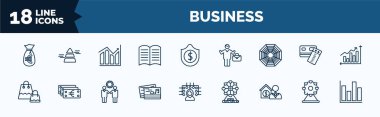 set of business web icons in outline style. thin line icons such as euro money bag, story, spider chart, two shopping bags, music business card, mortgage and man, ferris wheels, column chart vector.