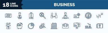 set of business web icons in outline style. thin line icons such as rearrange, money searcher, laptop analysis, angry boss, money investment, statistics presentation, sleepy worker at work, email