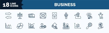 set of business web icons in outline style. thin line icons such as two way arrows, item interconnections, professional advance, smooth line chart, man with money gears, scatter chart, euro under