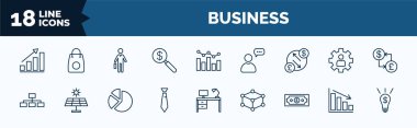 set of business web icons in outline style. thin line icons such as statistical chart, money finder, currency exchange, hierarchy structure, black tie, dollar bills, deficit, ideas to earn money