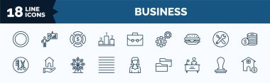 set of business web icons in outline style. thin line icons such as full circle, ranking factor, basic burger, hair salon, lines, director desk, rubber stamp, mortgage loan vector.