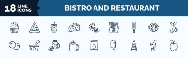 set of bistro and restaurant web icons in outline style. thin line icons such as cupcake with cream, piece of cheese, ice pop, pita bread, hot mug, three levels cake, lemonade with straw, with skin