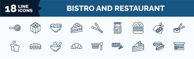 set of bistro and restaurant web icons in outline style. thin line icons such as restaurant fried egg, cut cake piece, complete hamburger, load of bread, bakery croissant, cake piece with cream, hot