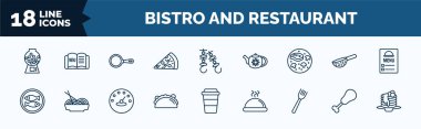 set of bistro and restaurant web icons in outline style. thin line icons such as candy balls, pepperoni pizza slice, combine meal, kitchen fish, mexican food, salad fork, fried chicken thighs, crepe