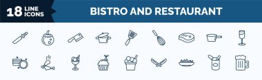 set of bistro and restaurant web icons in outline style. thin line icons such as thin knife, bistro pot, beef chop, round plate, cupcake with cherry, nachos plate, open tin with spoon, foamy beer