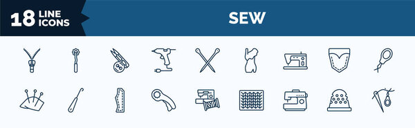 set of sew web icons in outline style. thin line icons such as slide fastener, hot glue, tailoring hine, pin cushion, rotary, sewing hine, thimble, threading vector.