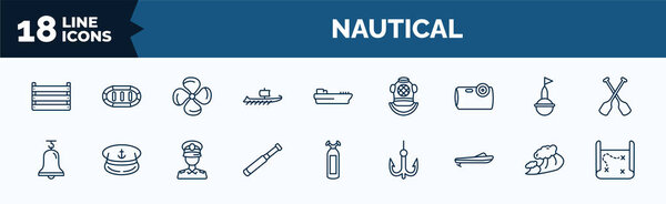 set of nautical web icons in outline style. thin line icons such as big crate, trireme, water resist camera, boat bell, nautical monocular, roofless speed boat, ocean waves, treasure map vector.