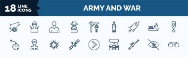 set of army and war web icons in outline style. thin line icons such as canon, secret agent, launcher, time bomb with clock, military satellites, sniper rifle, stealth, binoculars vector.