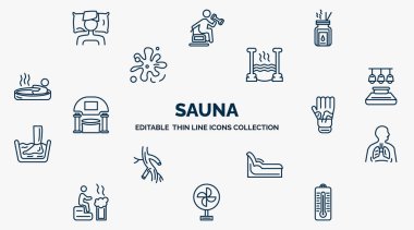 concept of sauna web icons in outline style. thin line icons such as private spa, aroma stimulation, roman bath, light stimulation, mottled skin, respiration, tepidarium, air cooling, sauna