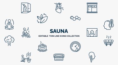 concept of sauna web icons in outline style. thin line icons such as dousing shower, infrared heat cabin, hormones, body heat gain, hamam, snow paradise, hygrometer, laconium, core temperature