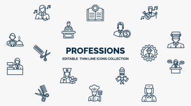 concept of professions web icons in outline style. thin line icons such as singer, musician, accountant, taxi driver, mechanical engineer, secretary, lumberjack, cooker, stewardess vector.