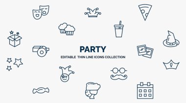 concept of party web icons in outline style. thin line icons such as theatre masks, pizza slice, juice bottle with straw, wizard hat on head, birthday pictures, king crown, mustache with glasses,