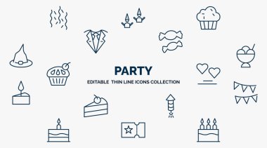 concept of party web icons in outline style. thin line icons such as celebration, sweet cake, two candies, big ice cream bowl, big heart, party flags, firework rocket, admission, cake with three