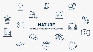 concept of nature web icons in outline style. thin line icons such as white ash tree, tree with white foliage, grass leaves, burn, therapy, japanese, sun fuji mountain, agave, whirlpool vector.