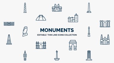 concept of monuments web icons in outline style. thin line icons such as walled obelisk, national mall, bran castle, barcelona, monument site, cathedral, medieval, national monument monas, circle